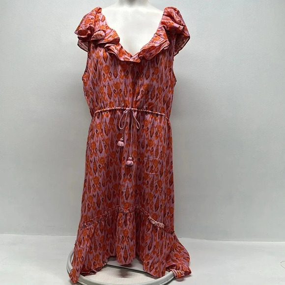 Figue Tahlia Midi Dress Cotton Ruffle Tie Waist Lace Up Back Pink Red Size XL - Picture 2 of 12